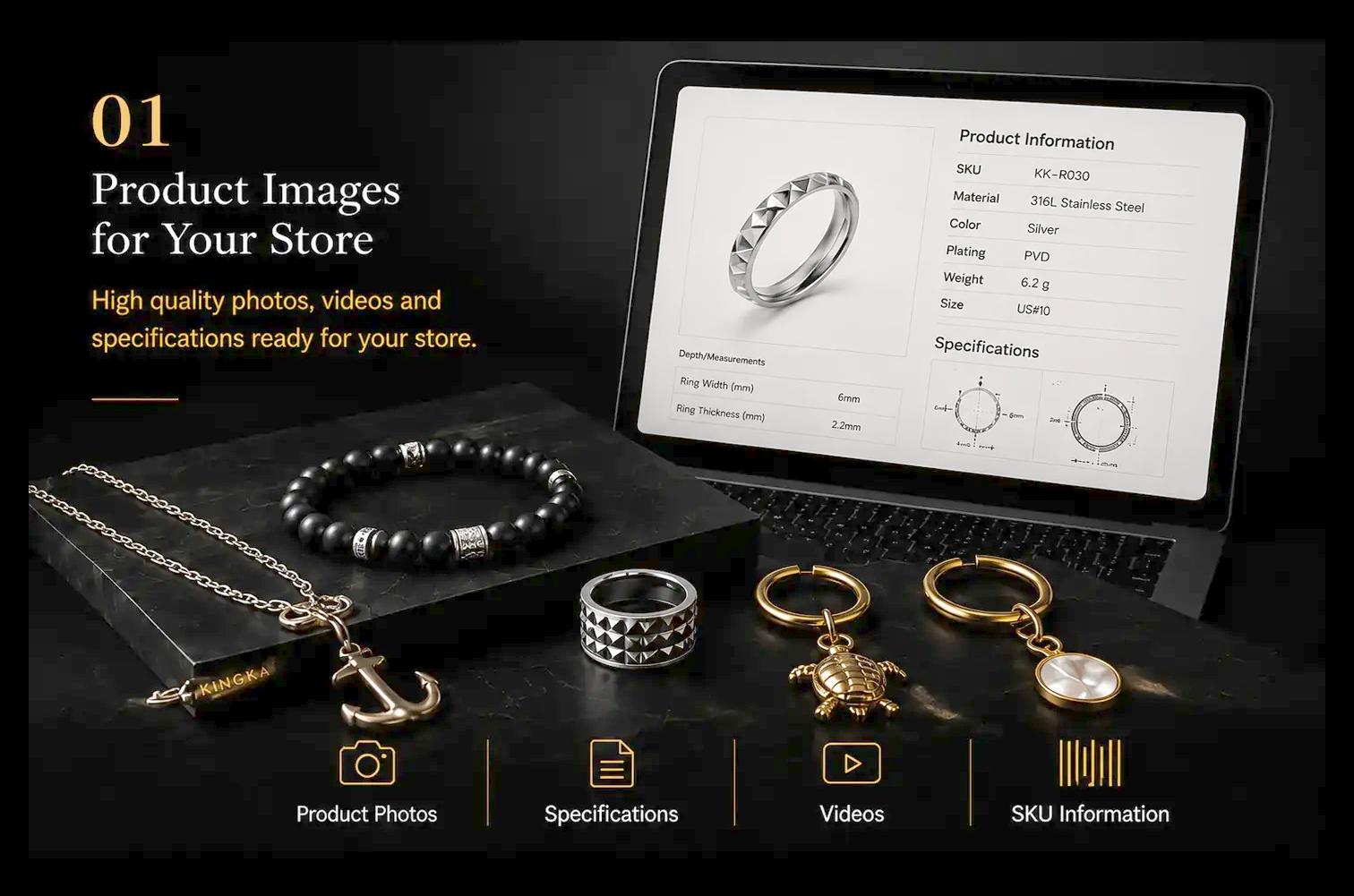 Stainless steel jewelry product photos for online stores